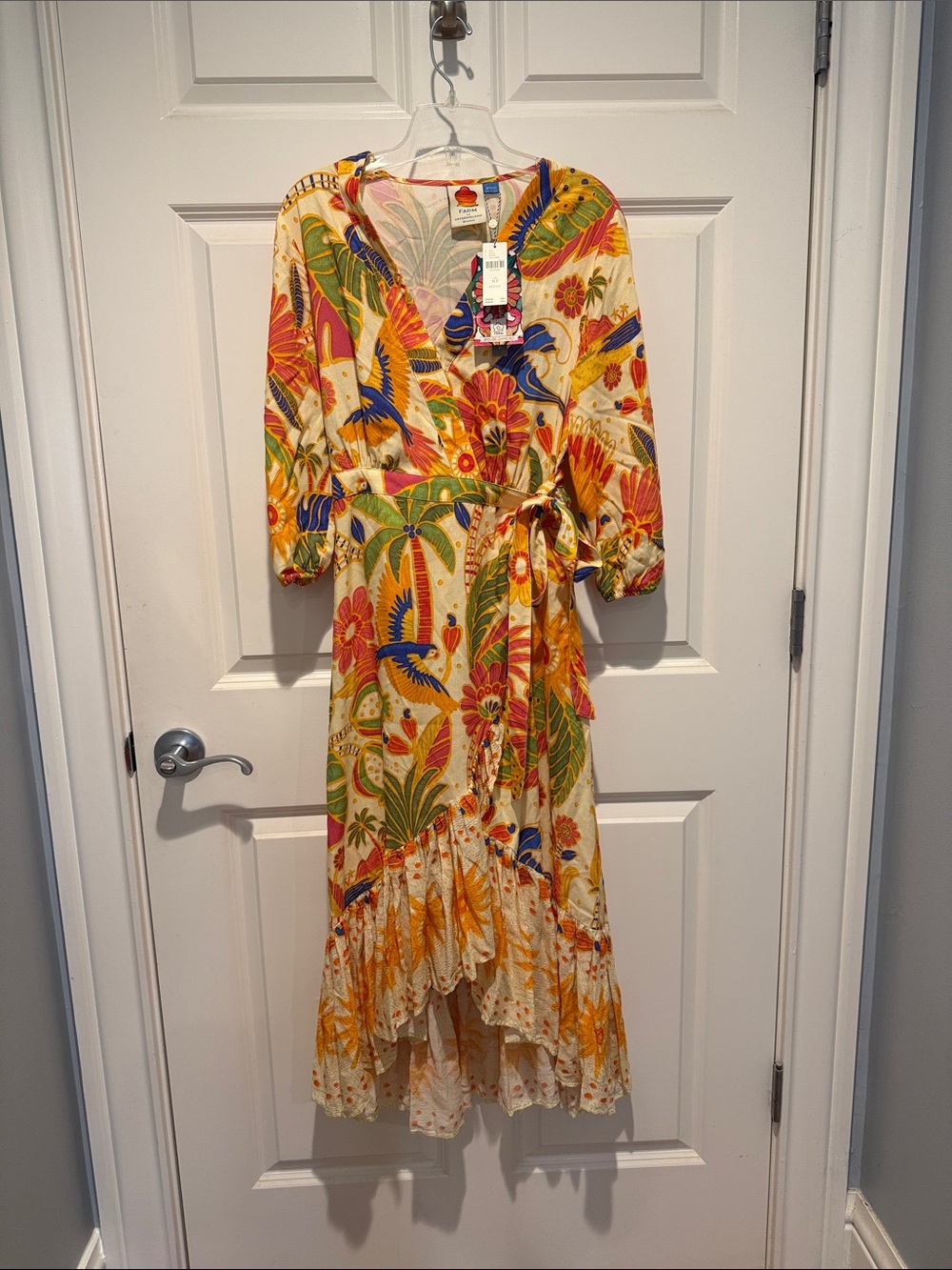 Anthropologie FARM Cream Wrap Dress with Yellow, Green & Blue Floral Print